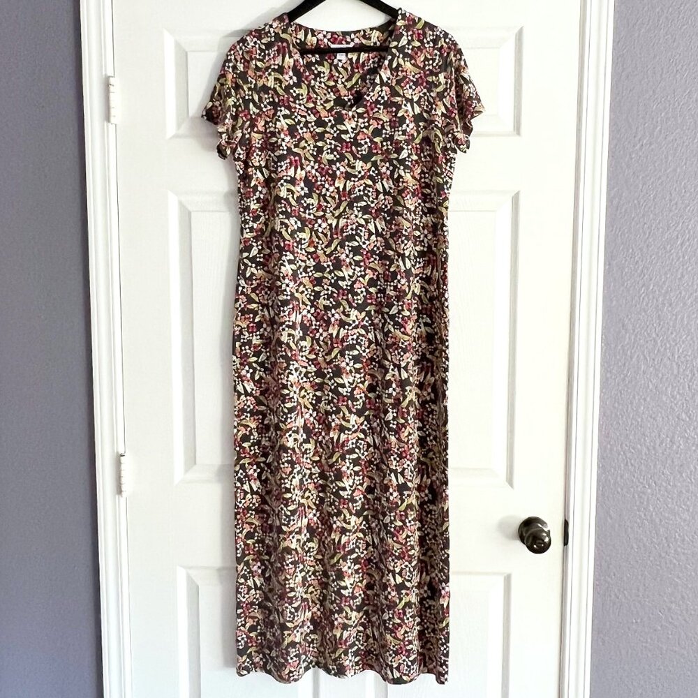J.Jill maxi gray floral colorful stretch short sleeve dress size M